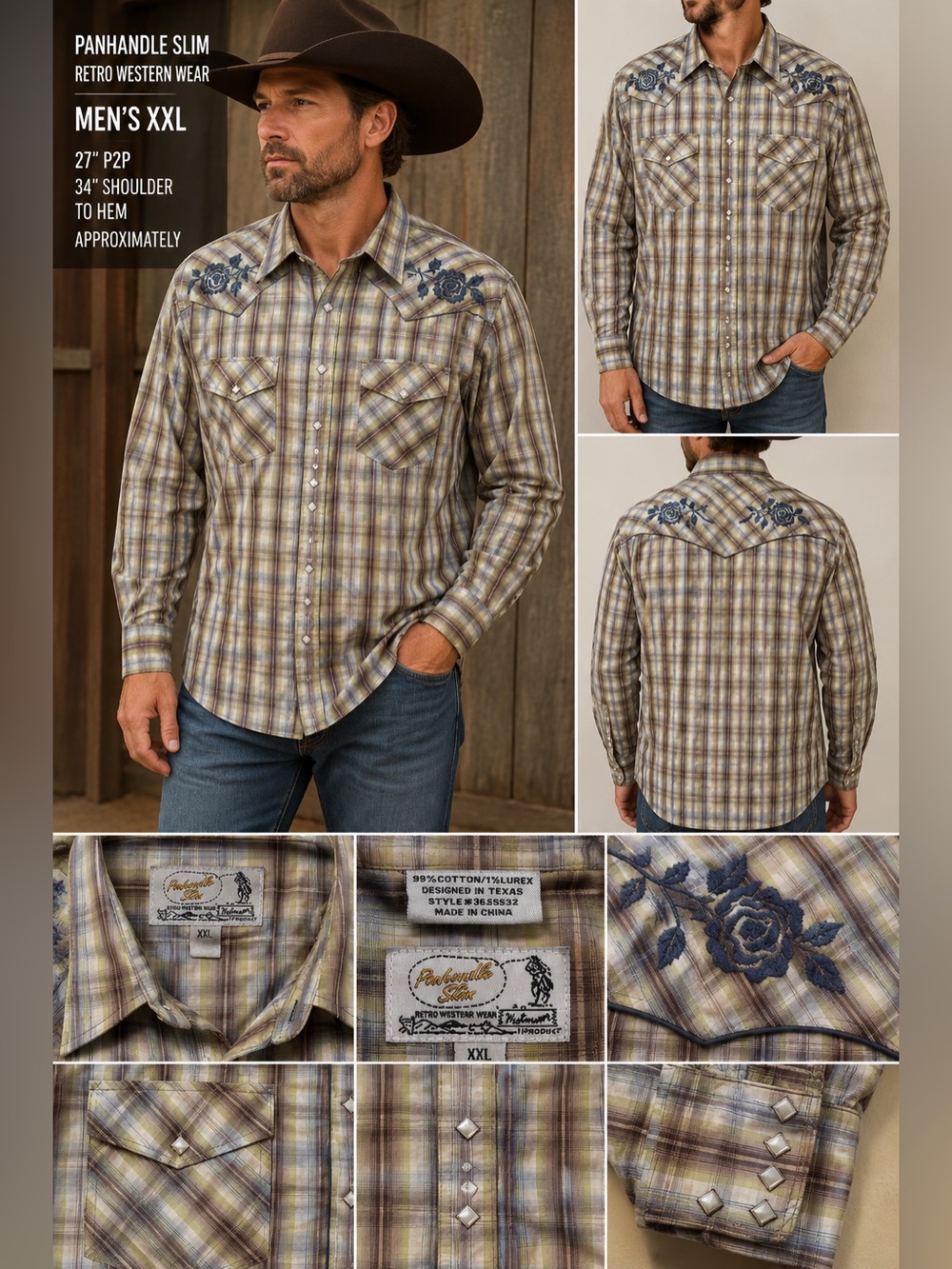 Panhandle Slim Retro Western Wear XXL Plaid Pearl Snap Shirt Embroidered Rose